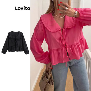 Lovito Blusa casual lisa com renda para mulheres LNL71181 em Oferta na Shopee