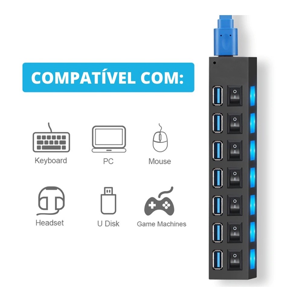 HUB Tira De Extensão De Usb 3.0 4 7 Portas Com Interruptor Seletor Pc Externo Hd Pendrive