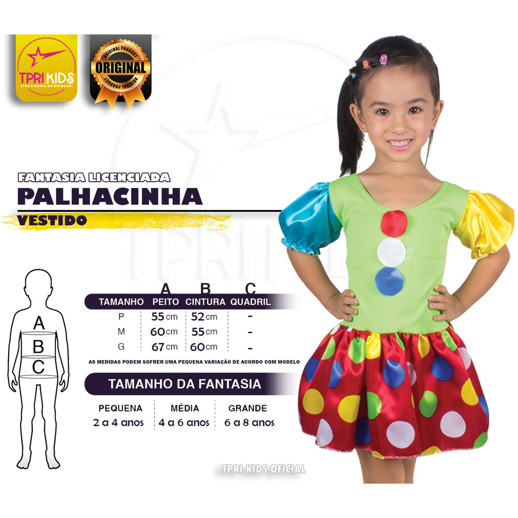 Fantasia Infantil Menina Vestido Palhacinha Carnaval Frevo Circo Festa Junina Colorida Temática Luxo