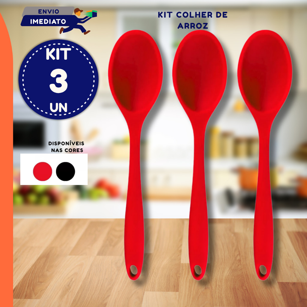 Colher De Arroz Em Silicone Preto E Vermelho Para Panelas Antiaderentes 1 2 3 Unidades