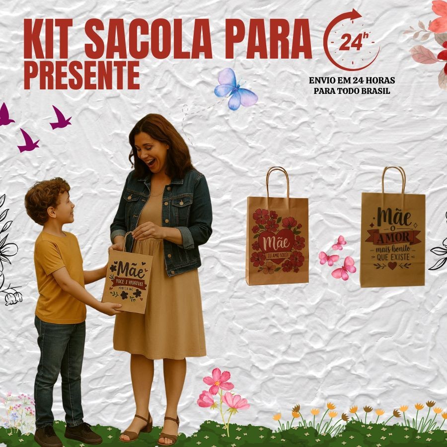 Presente Dia Das Mães Sacola Kraft Para Presente - 24 Unidades - P (16,5x11x6)/M (27x21x11)