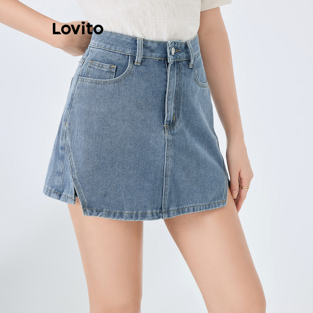 (Trendy) Lovito Casual Verão/Primavera Curto Liso Dupla Camada Jeans Curto Para Mulheres L87ED375 (Multicolorido) em Oferta na Shopee