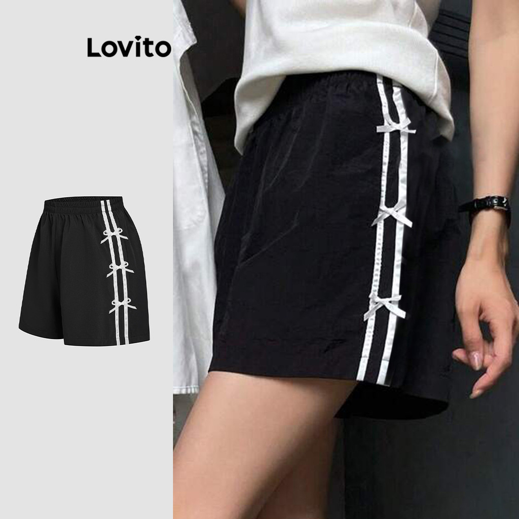 Lovito Shorts casuais com laço trançado simples para mulheres L114AD426 - Women Clothes