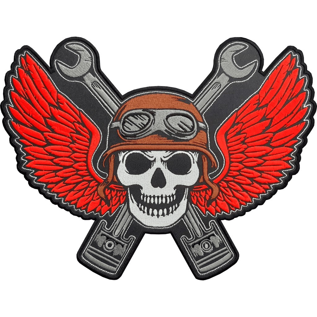 Patch Bordado Caveira Piloto Vermelho Skull Motociclista 30x23 Cav2