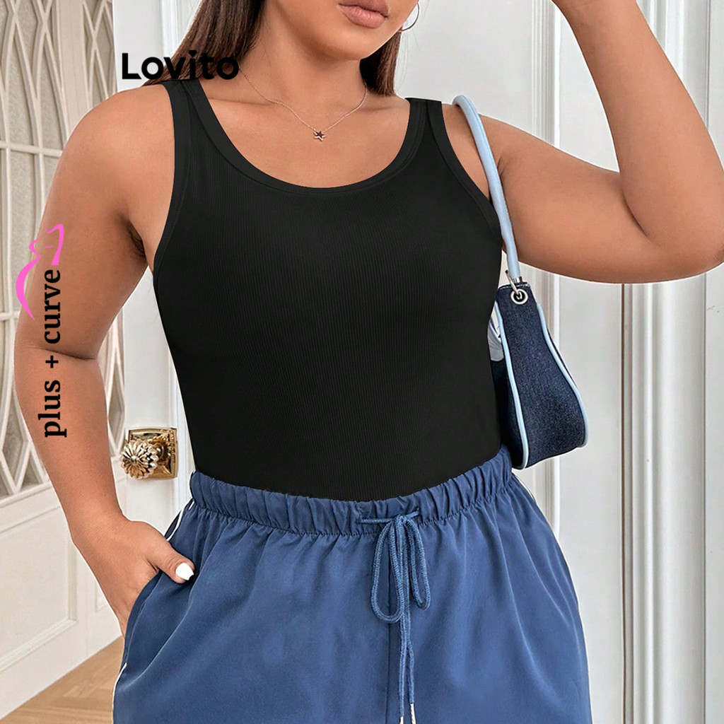 (Trendy) Lovito Plus Size Curve Top Casual Simples Regata Básica Para Mulheres LBL14695 - Women Clothes