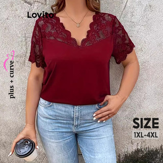 Lovito Blusa Plus Size Curve Casual Lisa Contraste Renda De Malha Para Mulheres LNL79421 em Oferta na Shopee