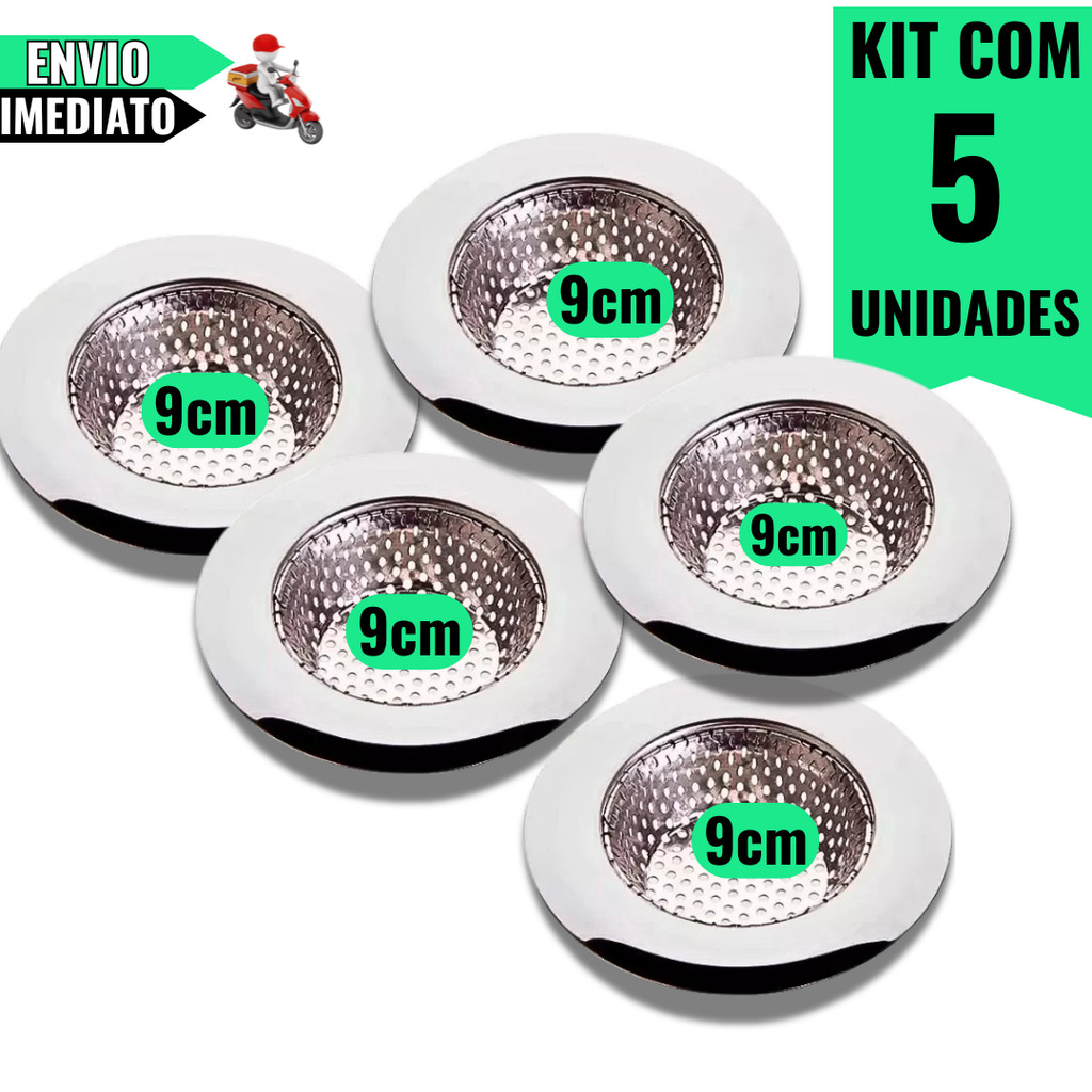 Kit 5 Ralos de Pia Inox 9cm – Tela Protetora Contra Resíduos para Cozinha e Restaurante