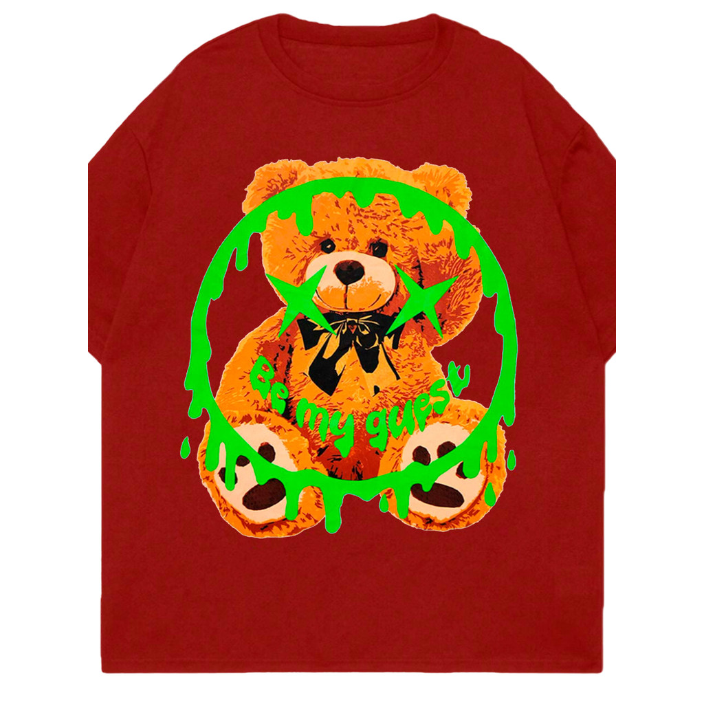 T Shirt Skatista Estampa Urso Be My Guest Moderna Vermelha Estilosa Fitness Confortável Esportiva