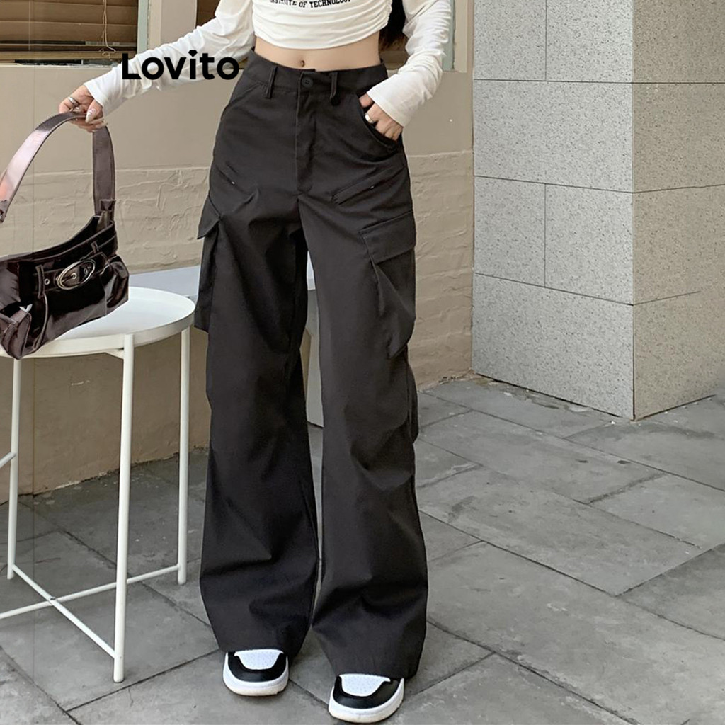 Lovito Calça básica lisa casual para mulheres LNM69031 - Women Clothes
