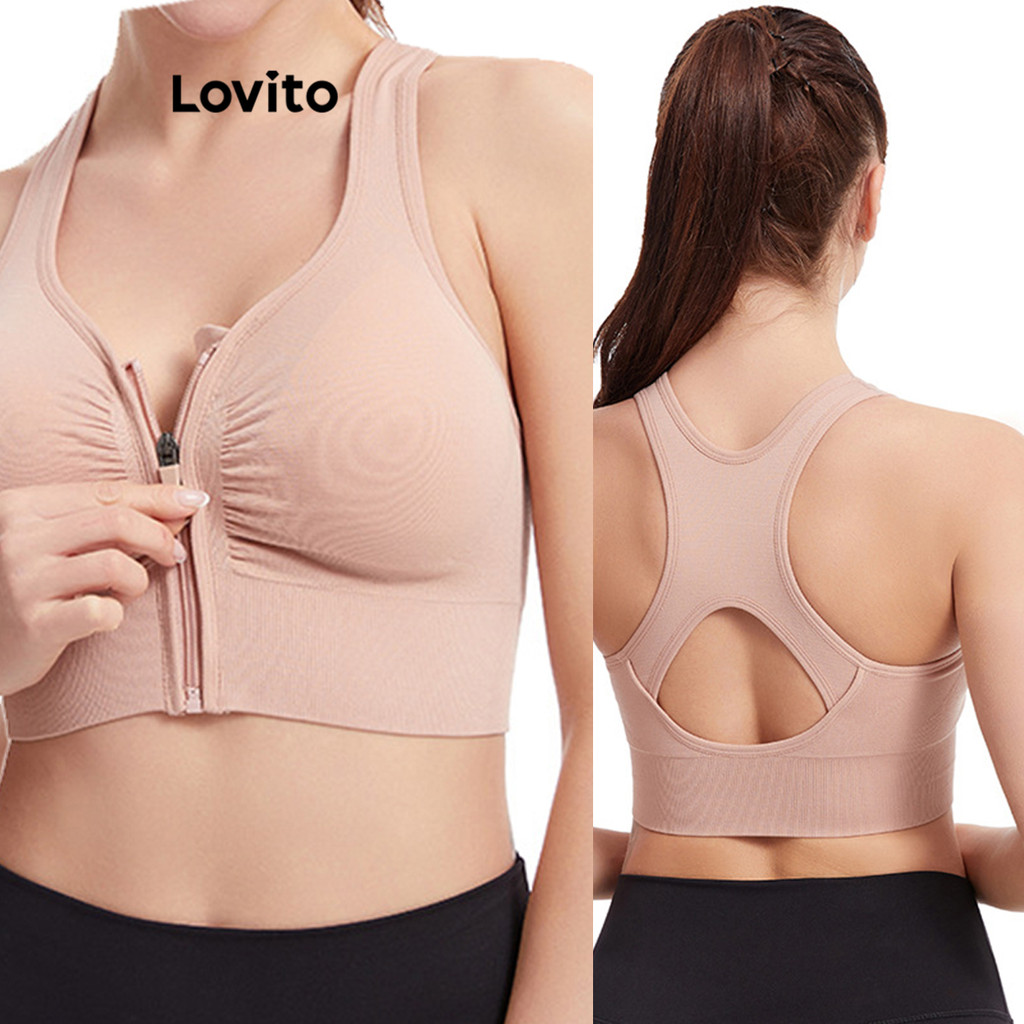 Lovito Esportivo Sutiã Top Feminino Liso com Zíper LNL45120 - Sports & Outdoors