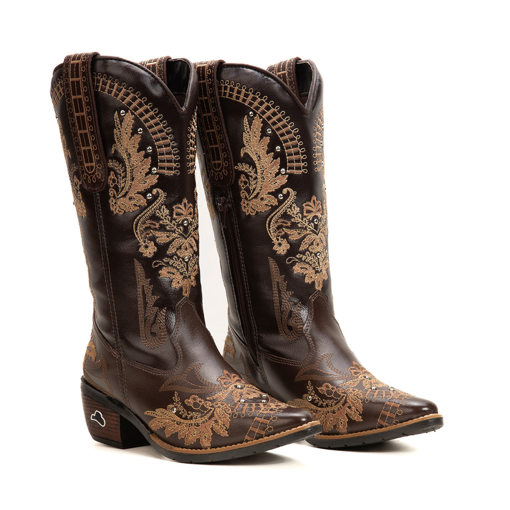Bota Feminina Texana Country Café Couro Legítimo Costurada Bordado | DIfranca - 6216