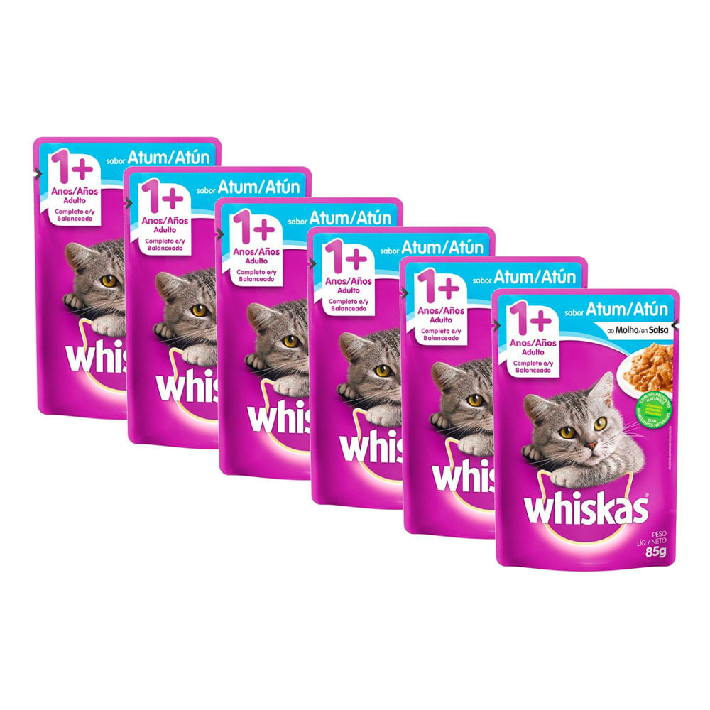 Kit 6 Ração para Gatos Whiskas Adulto 1+ Anos Sachê Sabor Atum ao Molho 85g - Pets