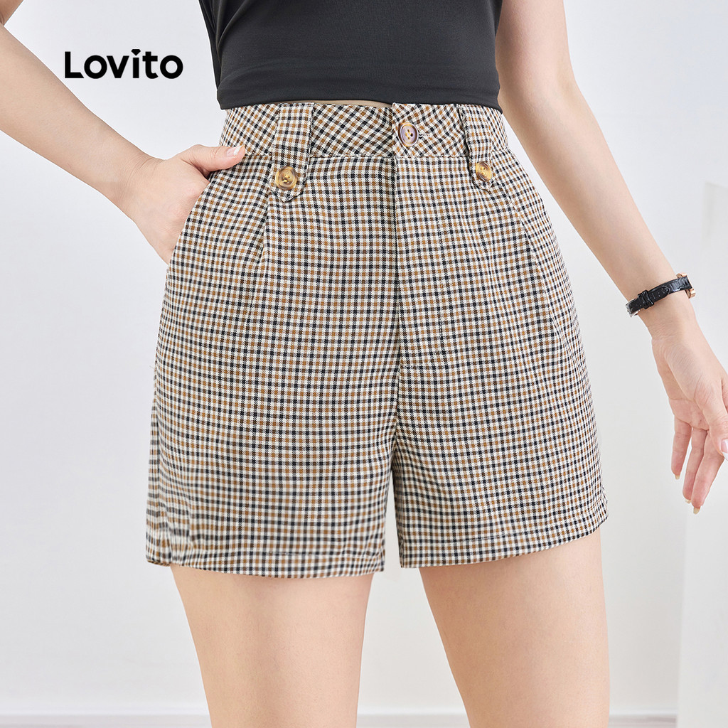 (Trendy) Lovito Curto Casual xadrez com botão plissado para mulheres L132AD1031 - Women Clothes
