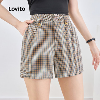 (Trendy) Lovito Curto Casual xadrez com botão plissado para mulheres L132AD1031 em Oferta na Shopee