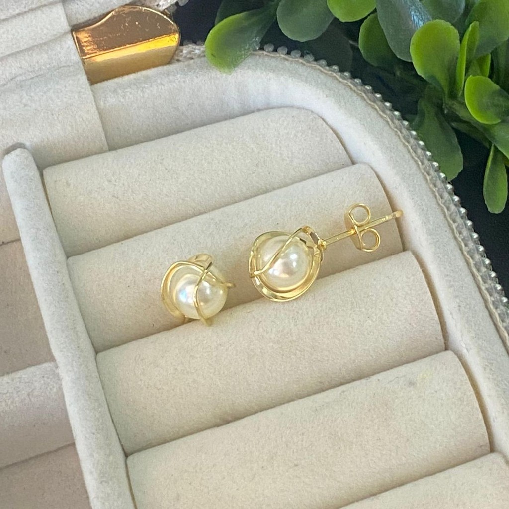 Brinco pérola sofisticado banho ouro 18k 6mm antialérgico
