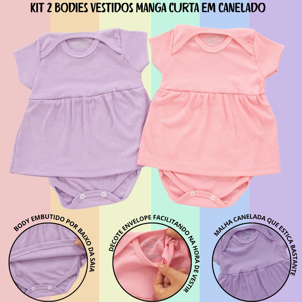Kit 2 Vestidos Body Manga Curta Bebê Canelado Algodão Estiloso Menina MP004KIT2-MS-C5