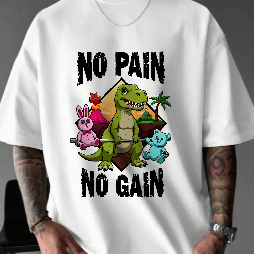 Camiseta Estampada Dinossauro e Coelhos No Pain No Gain Streetwear Novo