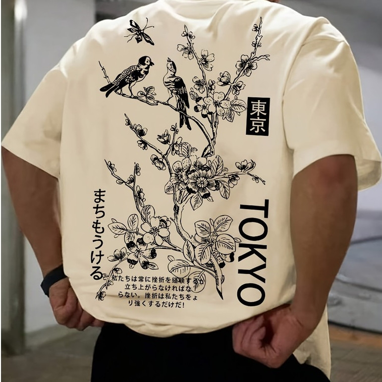Camiseta Casual 100% Algodão Com Estampa Floral Pássaro Moda Streetwear Lançamento