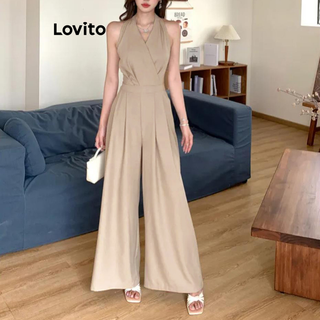Detalhes do Lovito Macacão feminino elegante com costas abertas e design minimalista L121MD213