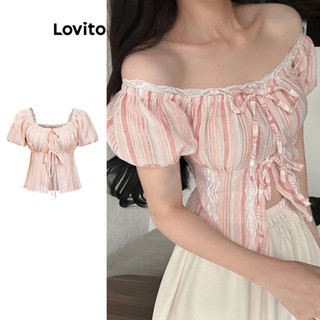 Lovito Blusa fofa com estampa de renda lisa para mulheres LBA82023 em Oferta na Shopee