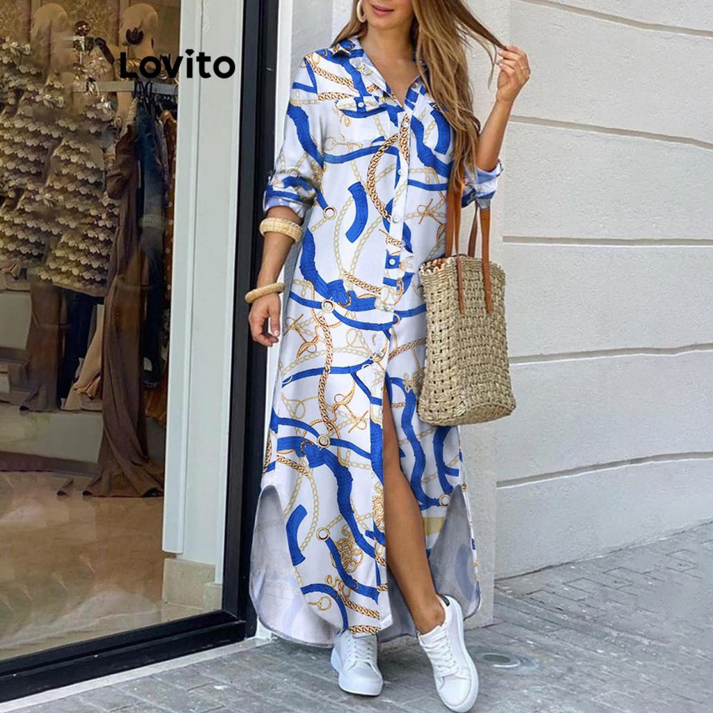 Lovito Vestido casual feminino com estampa de corrente e botão frontal LNL72448 - Women Clothes
