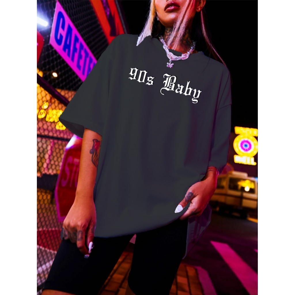 Camiseta Cor Preta Unissex Oversized 90S Baby Estilo Streetwear Mulher Skatista Alternativo