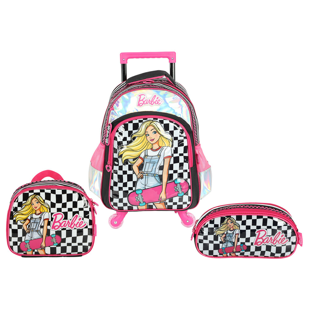 Kit Mochila De Rodinhas LED Lancheira Estojo Barbie Fashion