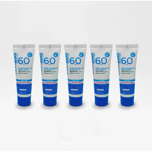 Dermachem - Kit 5 Protetor Solar Rosto FPS 60 Sem Cor Toque Seco Super Hidratante Rejuvenescedor 40g