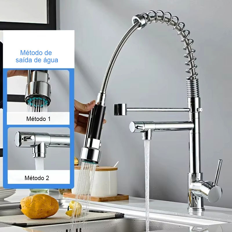 Torneira Cozinha Gourmet de Bancada Monocomando Com Duo Spray Flexível Misturador 2 Modos  Aço inox 304 Cromado