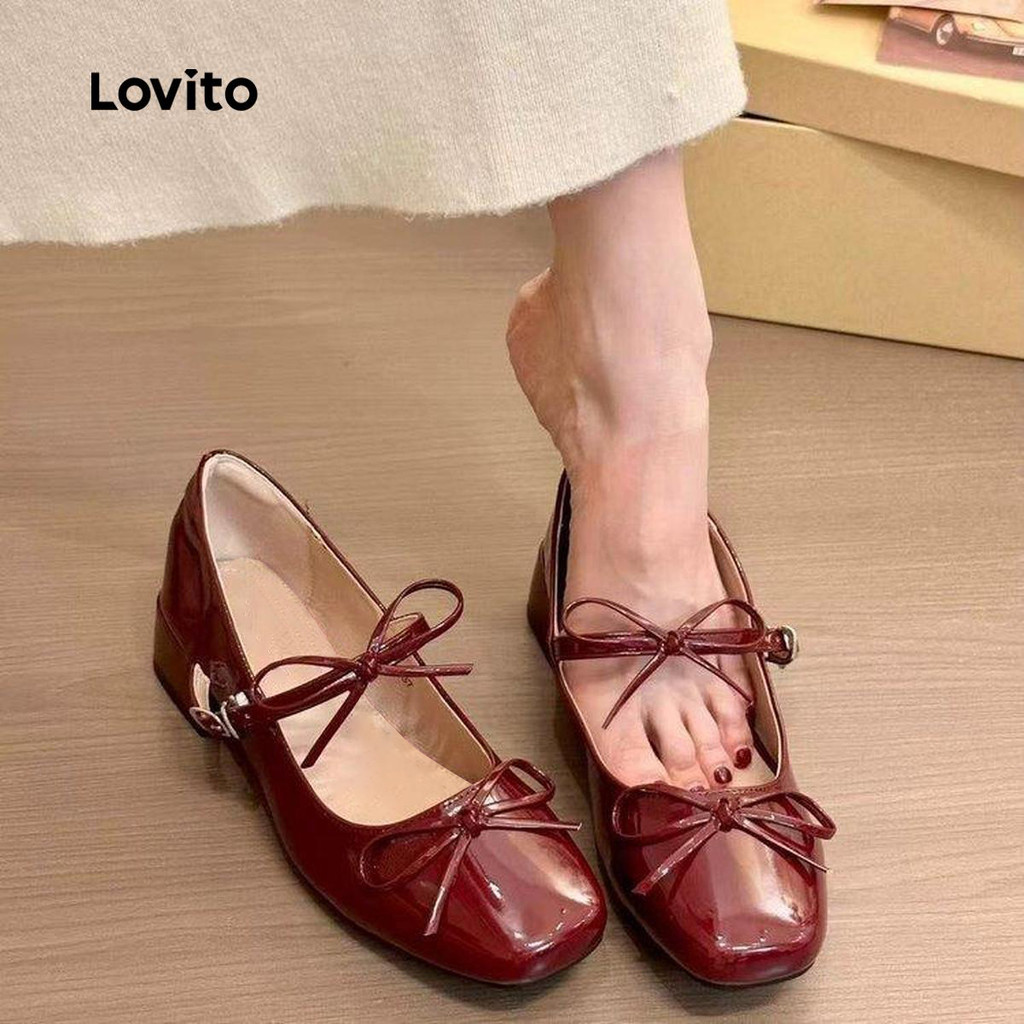 (Trendy) Lovito Elegante laço vermelho liso Mary Jane Vintage sapatilhas botões Mary Jane para mulheres LFA75061 em Oferta na Shopee