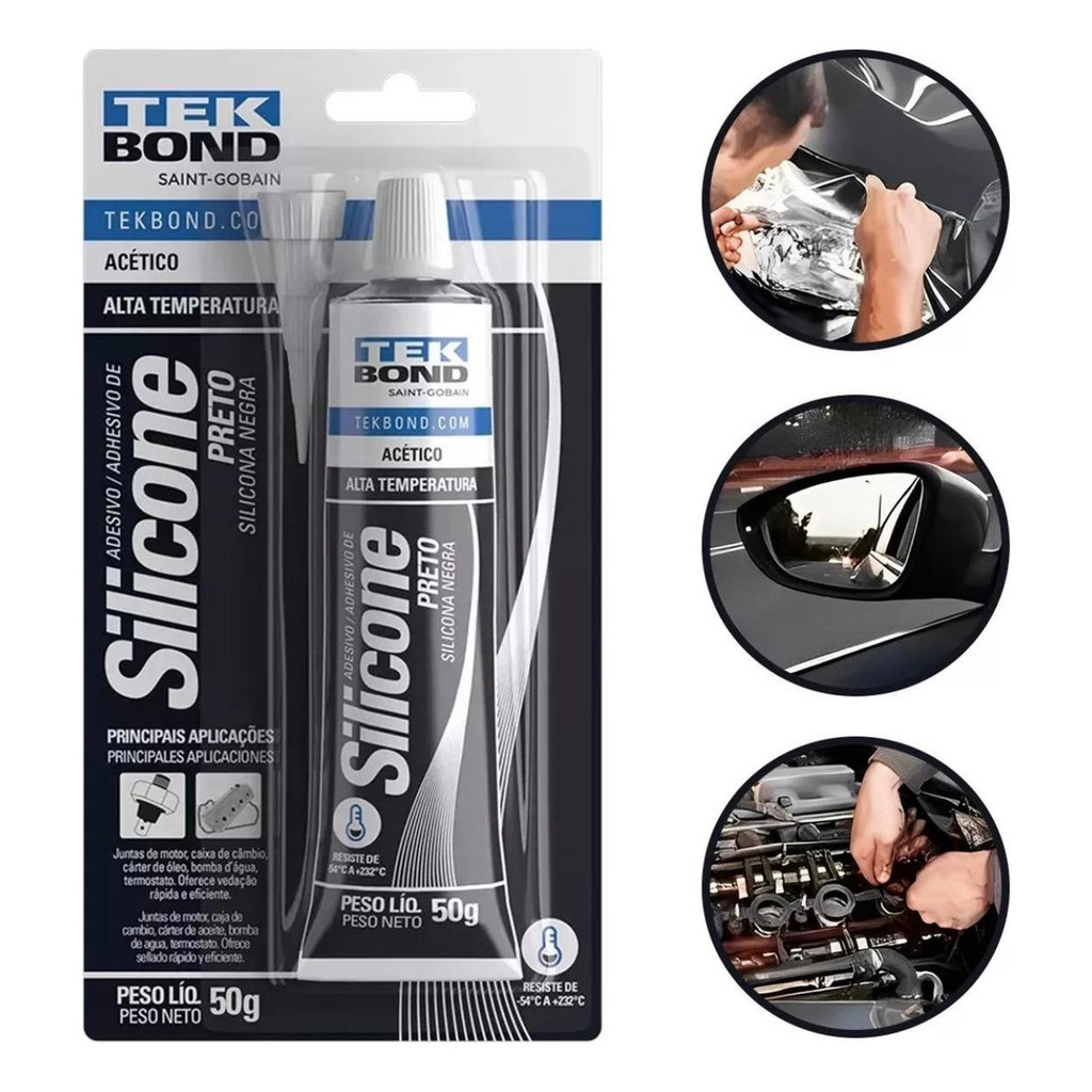 Cola Silicone Alta Temperatura Automotivo Tekbond 50g Preto/Cinza/Vermelho