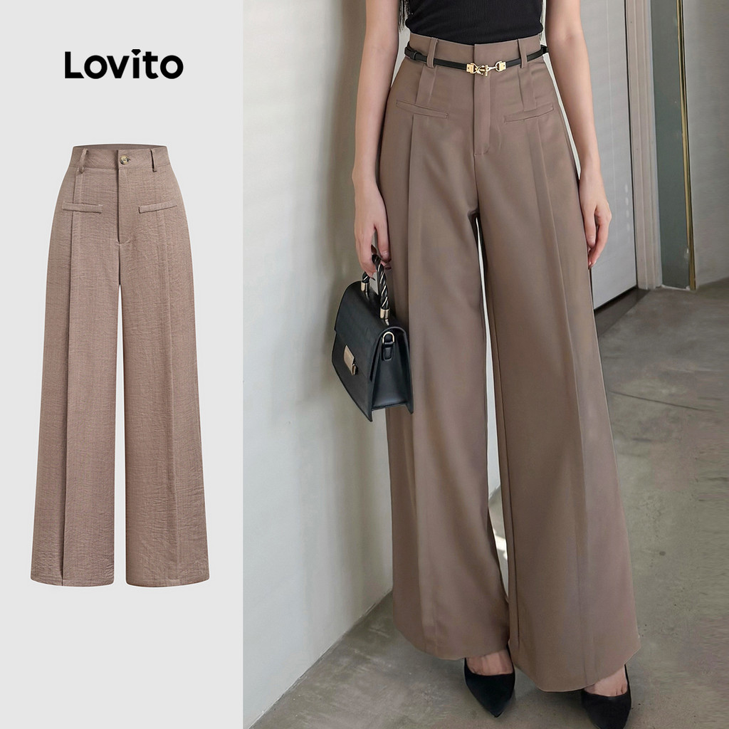 Lovito Calças Elegantes com Pregas, Falsas Bolsas, Minimalista, Primavera/Verão, Marrom para Mulheres LB135LD395 - Women Clothes