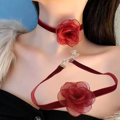 Flor Rosa Colar Sexy Renda Gargantilha Jóias Para Mulheres Retro Coreano Jantar Festa Pescoço Banda Gargantilhas Corrent