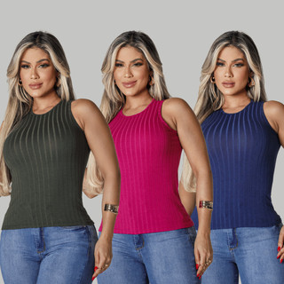 Kit 3 T-shirt Canelada Blusa Regata Moda Feminina Cores Verão Blogueira em Oferta na Shopee