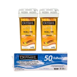 Kit 50 Folha Lenço Descartável E 2 Cera Roll-on Mel Depimiel