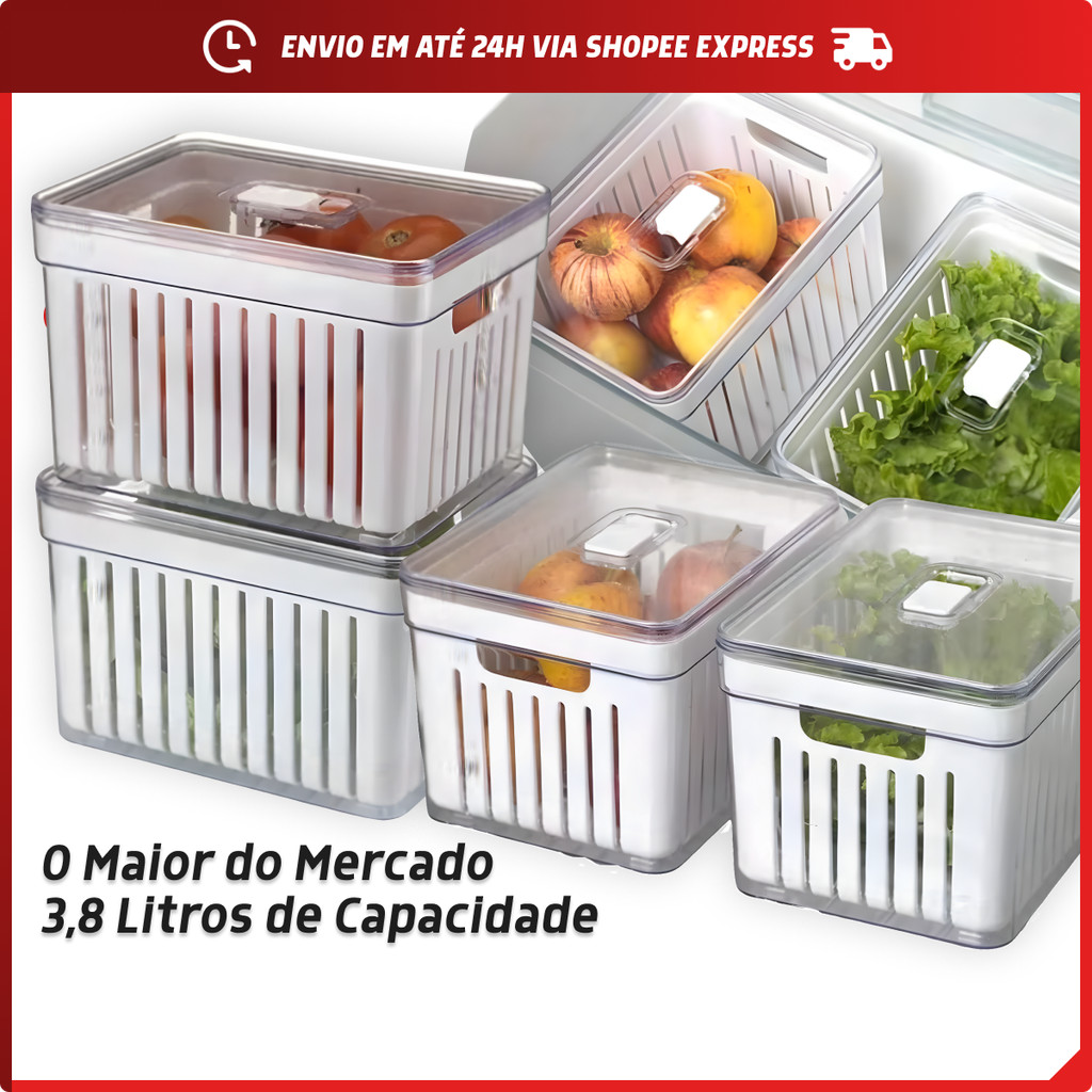 Organizador de Geladeira 3,8 Litros Cesto com Tampa Multiuso Alimentos Verduras e Vegetais