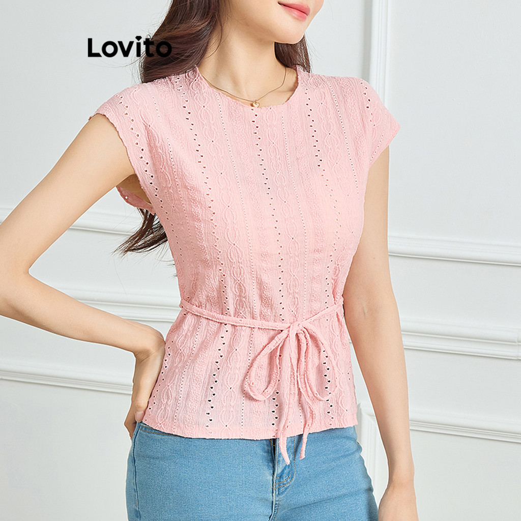 Lovito Blusa Elegante Blusa Jacquard Lisa Com Cadarço Para Mulheres L118ED330 - Women Clothes