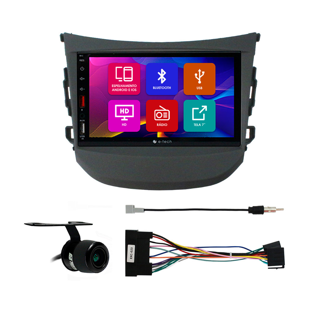 Kit Multimidia 7 Pol HB20 2012 2013 14 15 16 17 18 2019 2020 Android Auto Carplay Qa+ 2 Din Preto Espelhamento Camera Re