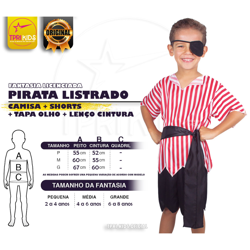 Fantasia Infantil Menino Pirata Listrado Tapa Olho Halloween Carnaval Cosplay Piratinha Festa Top