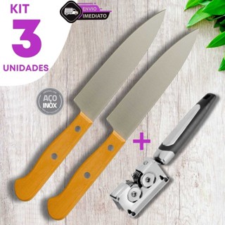 Jogo com 3 Peças 2 Facas Inox Cabo Madeira 7” e 1 Afiador Manual Cozinha Churrasco Profissional em Oferta na Shopee