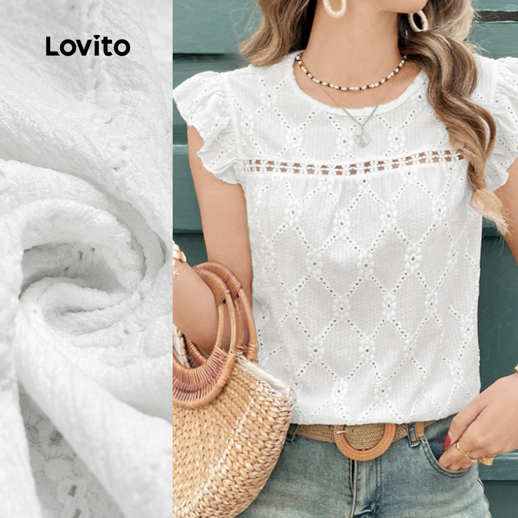 Lovito Blusa Casual Babado Trança Ilhó Bordado Primavera/Verão Blusa Branca Para Mulheres L135ED323