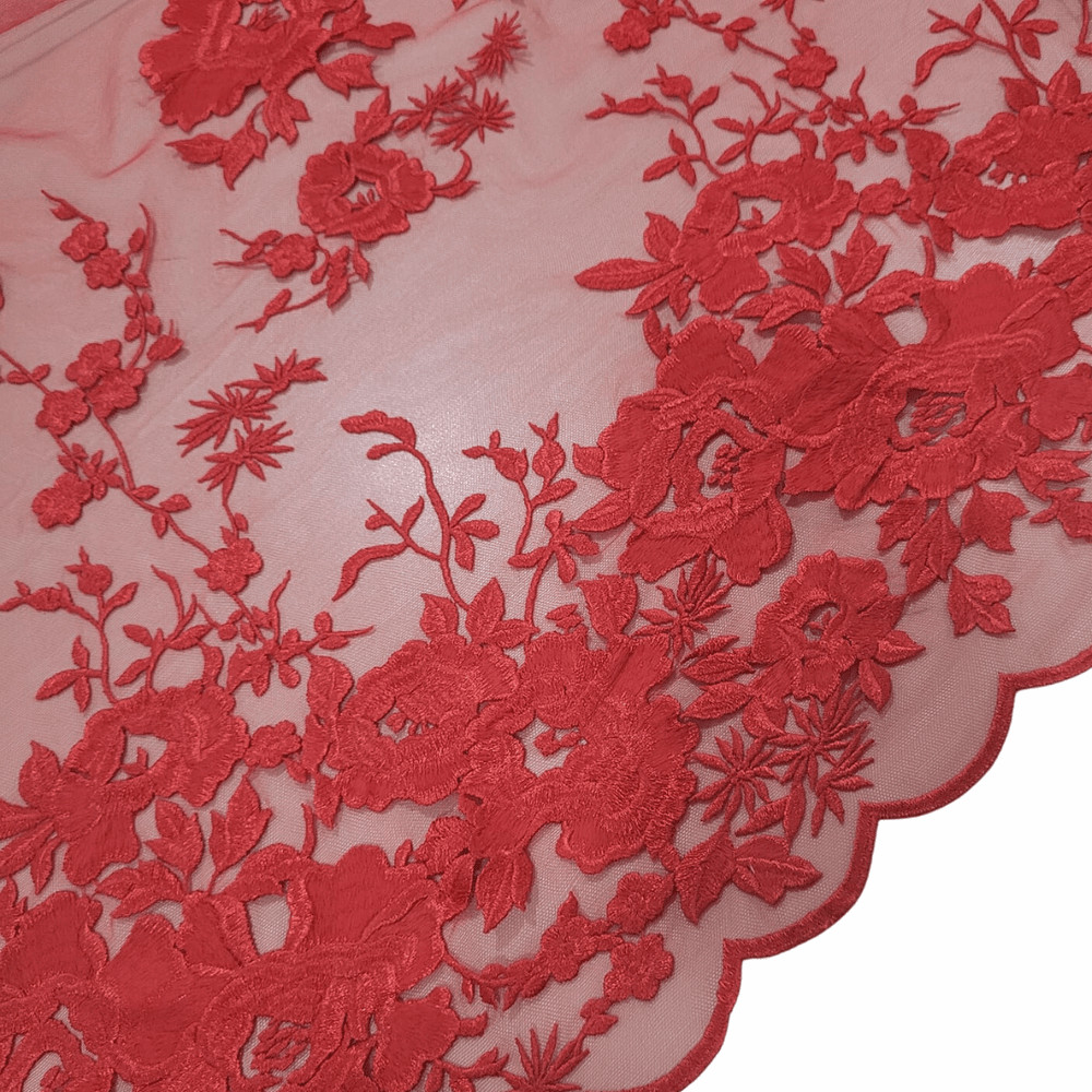Renda para Vestido de Festa Tule Bordado Vermelho em Metro - 1,40m x 1,60m