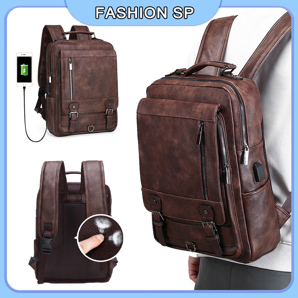 Mochila De Viagem De Negócios De Couro USB Laptop Bolsa Escolar Universitária Para Homens E Mulheres