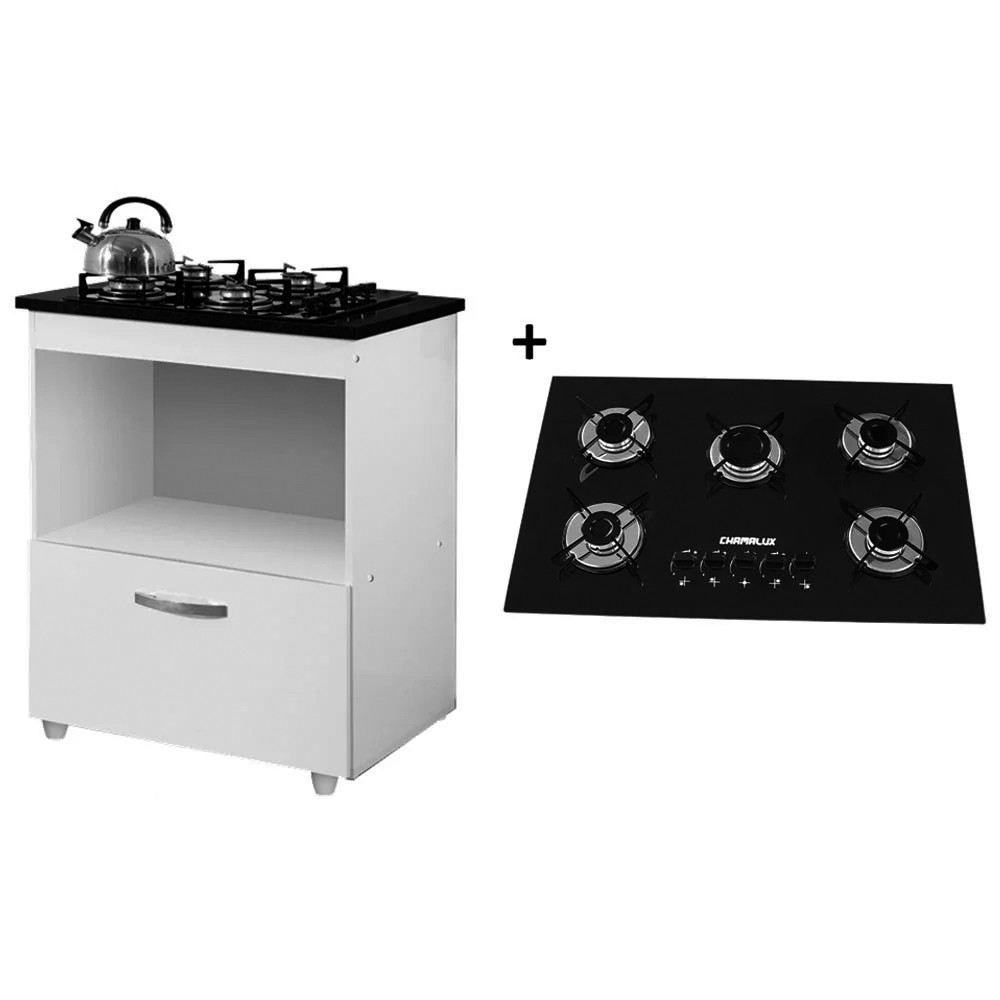 KIT BALCÃO PARA COOKTOP COZINHA SALVIA E FOGÃO COOKTOP ULTRACHAMA 5 BOCAS PRETO - Home & Living