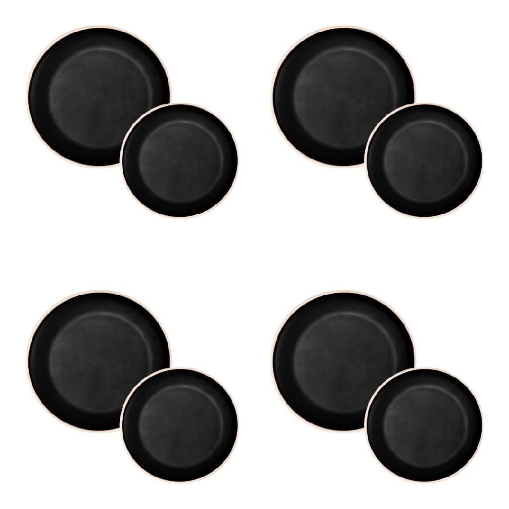 Kit Pratos De Melamina Preta 21,5cm & 27cm Para Comida Boa Refeição