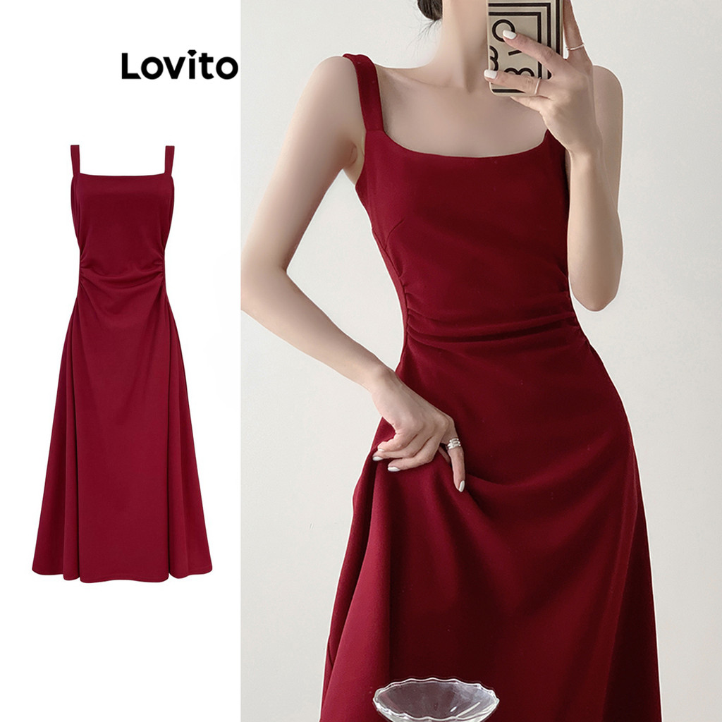 Lovito Vestido Elegante Vestido Liso Plissado Para Mulheres LNM83179 em Oferta na Shopee