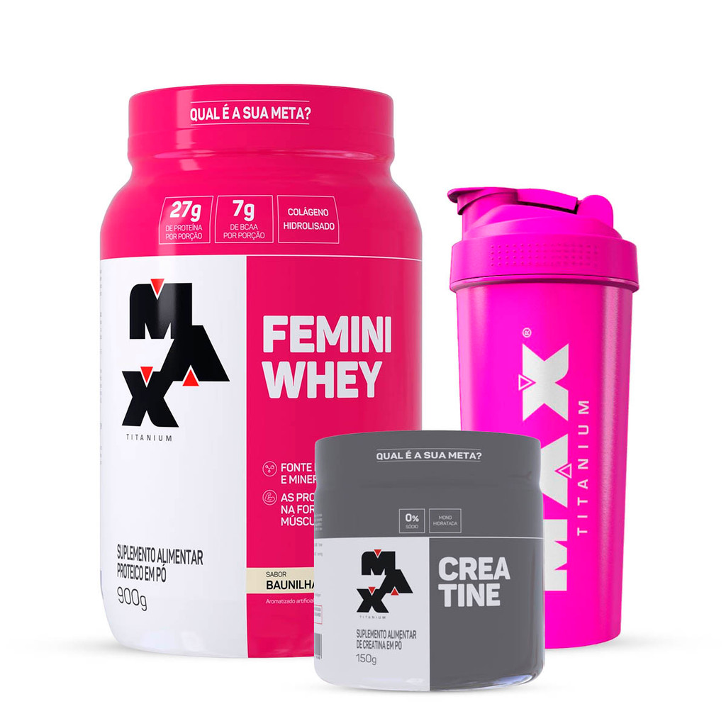 Combo Whey Feminino 900g, Creatina 150g e Coqueteleira Rosa