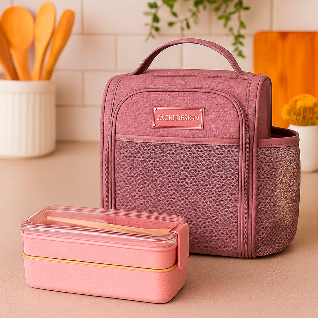 Kit Lancheira Térmica + Marmita Pote Bolsa Rosa Fecho Duplo Academia Fitness Jacki design