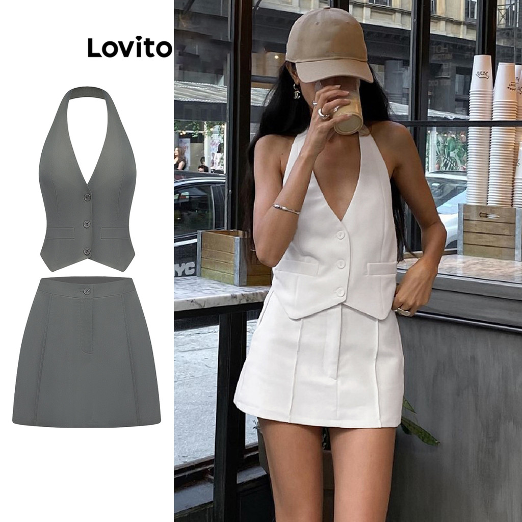 Lovito Tops ou calças femininas casuais com botões lisos e costas nuas LNL42052