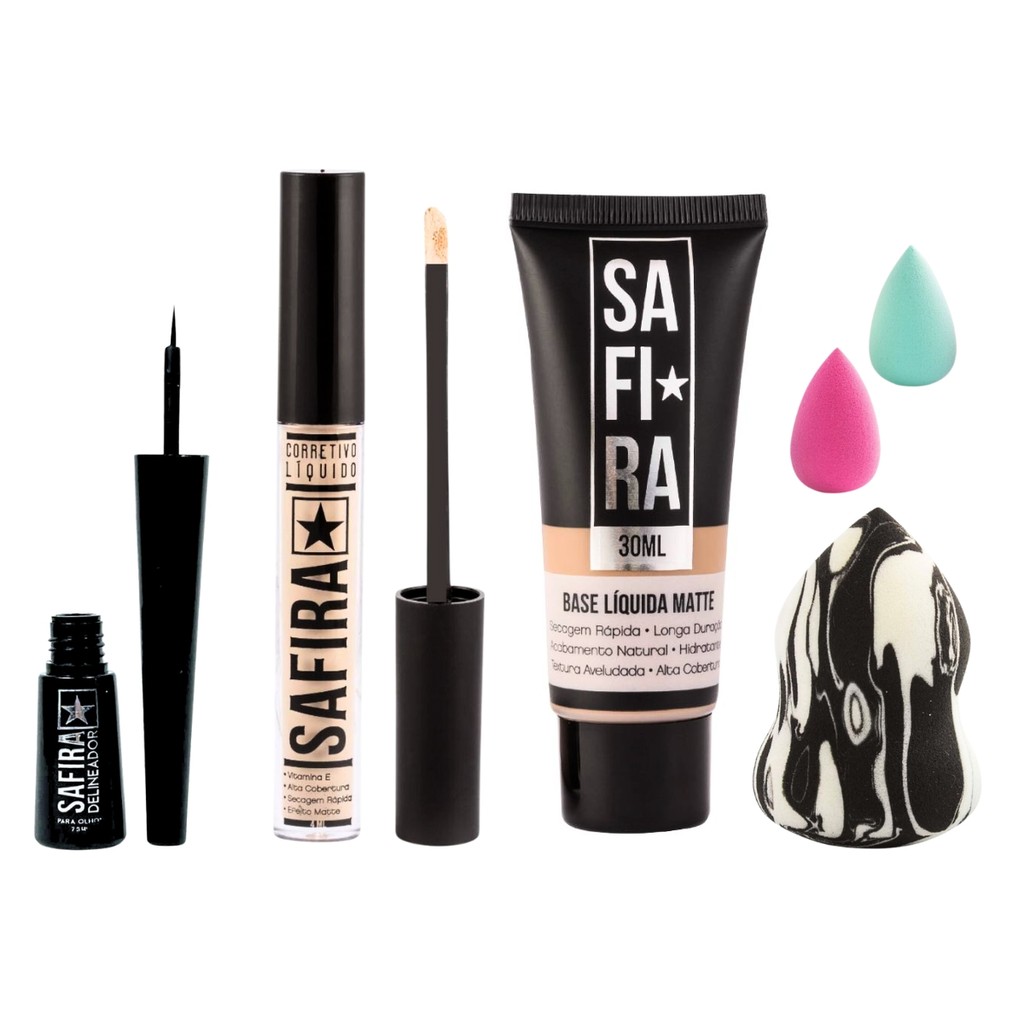 Kit de Maquiagem Facial com Base, Corretivo, Delineador Safira e Esponjas 3D Para Aplicação Marco Boni